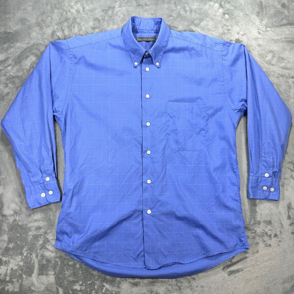 Saks Fifth Avenue Mens Blue Grid Button Down Shirt Cotton Long Sleeve Medium